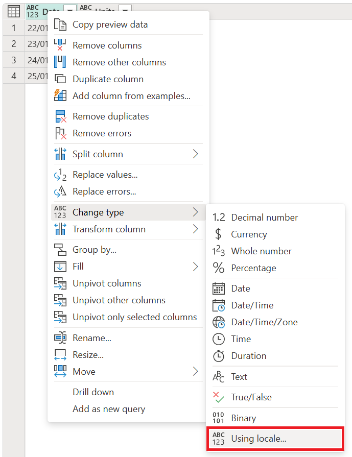 Screenshot of the using locale option on the column shortcut menu.