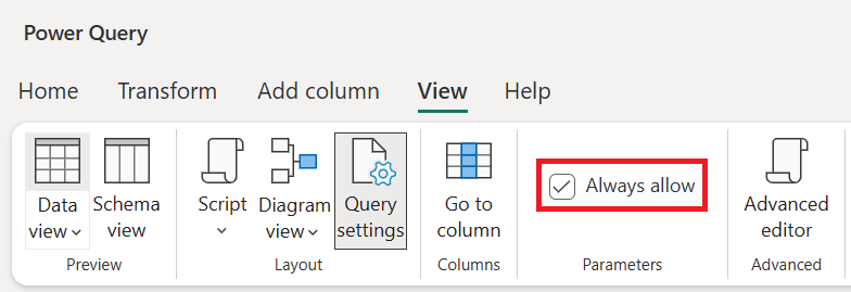 Screenshot of the Power Query View ribbon with the Always allow option emphasized.