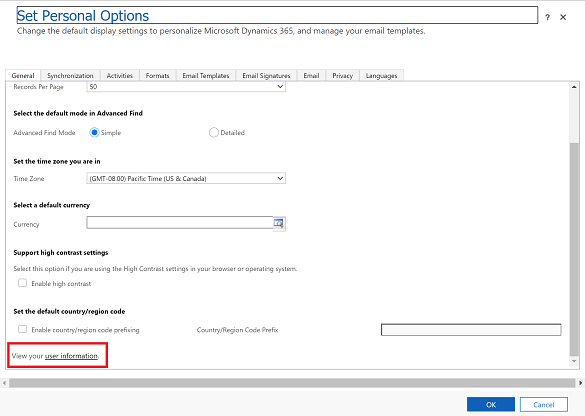 Select the user information link Select the user information link.