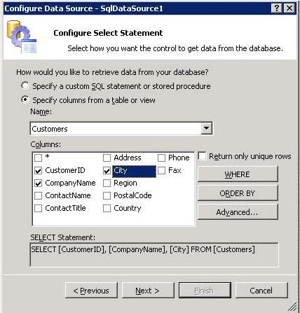 Configure Select Statement pane