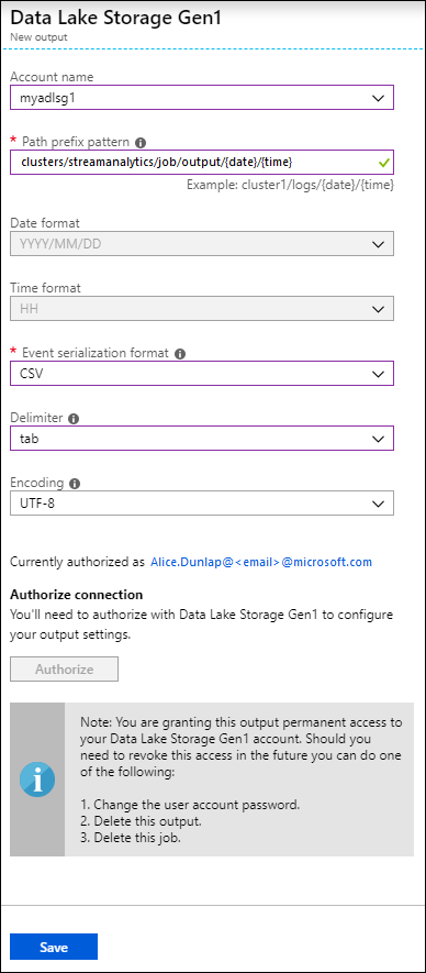 Add an output to your job Screenshot of the Data Lake Storage Gen 1 - new output blade.