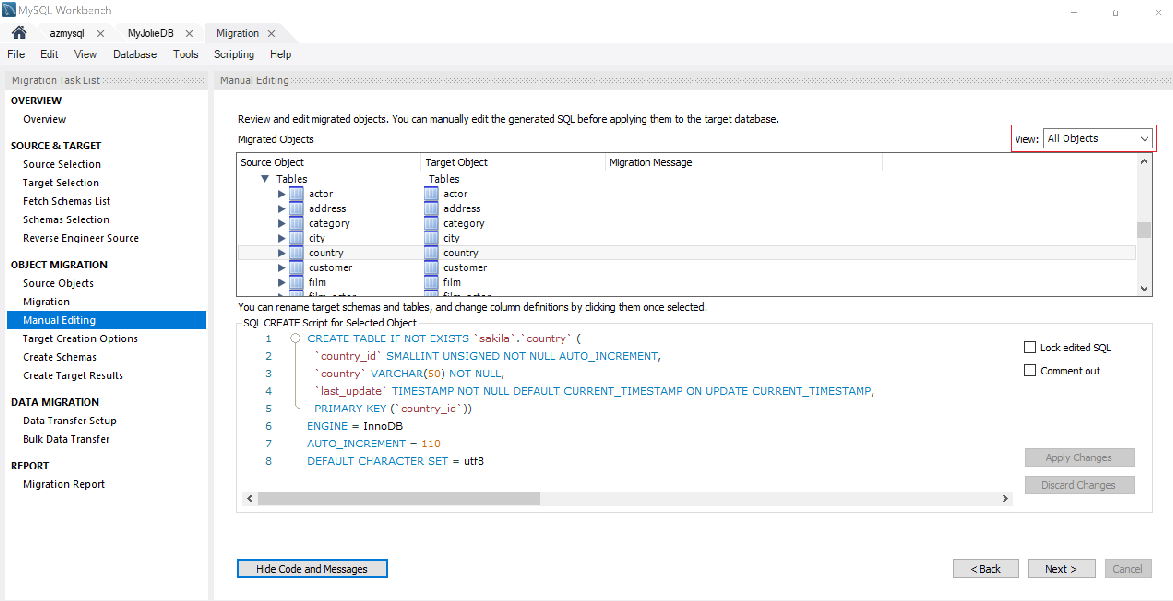 Manual Editing selection page