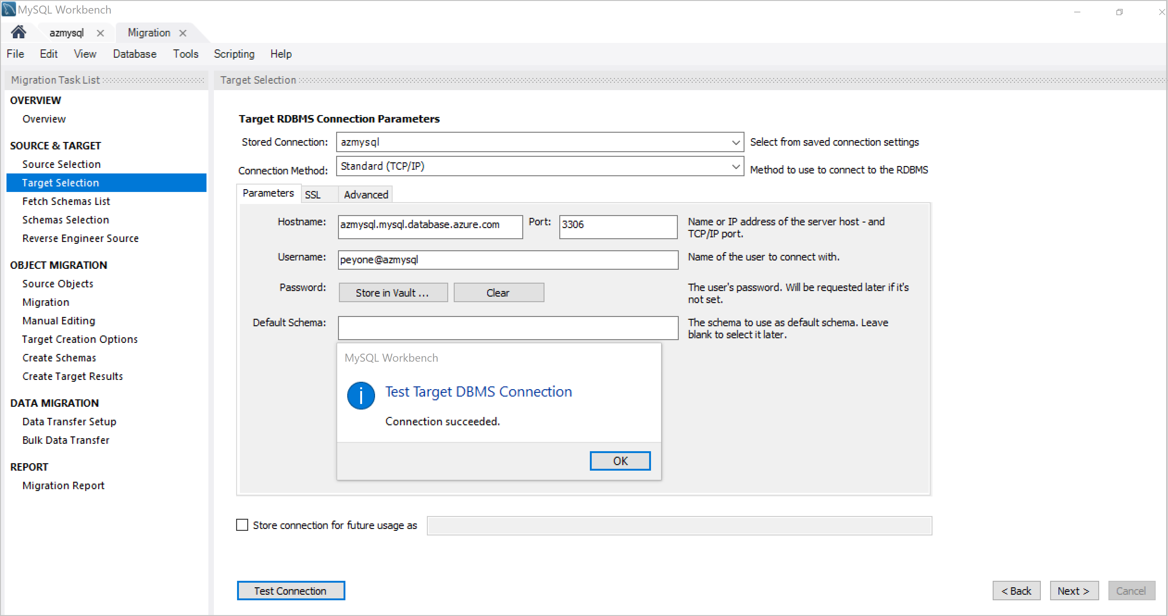 Target database connection parameters page