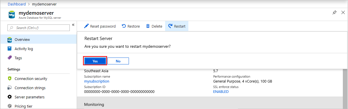 Azure Database for MySQL - Restart confirm