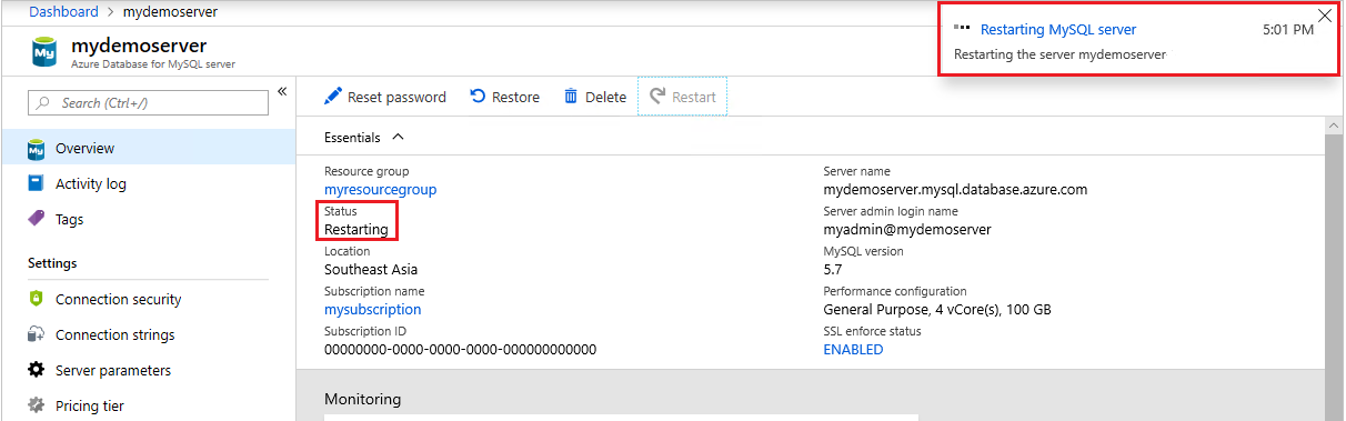 Azure Database for MySQL - Restart status