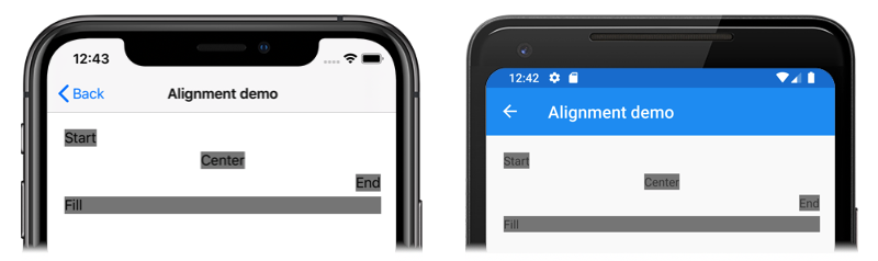 Screenshot of a StackLayout with alignment options set