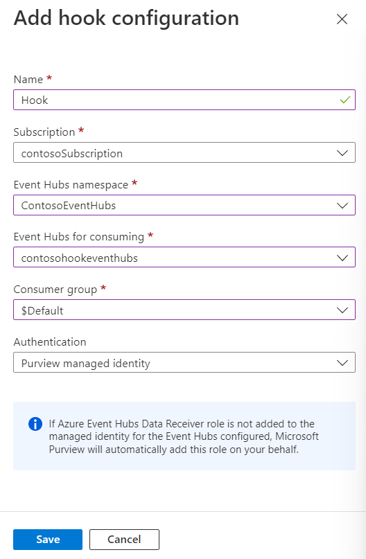 Screenshot showing the hook configuration page, with all values filled in.