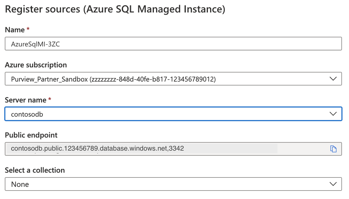 Screenshot of register sources screen, with Name, subscription, server name, and endpoint filled out.