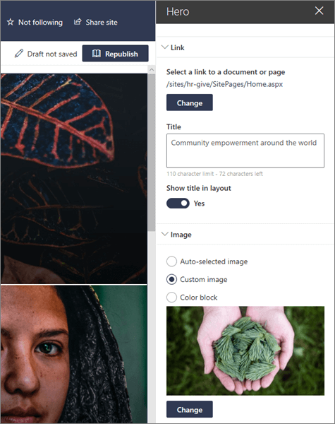 Image of the Hero web part customization panel