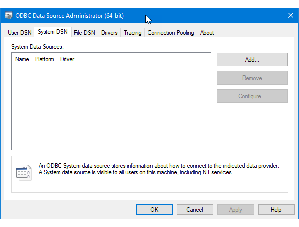 Add a new ODBC system DSN