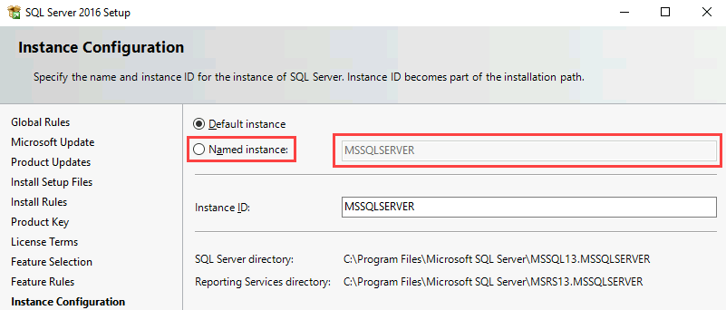 Screenshot of the Instance Configuration page in the installation wizard. The Named instance option and the field next to it are highlighted.