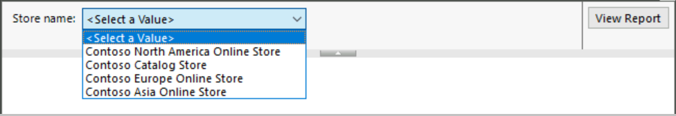 Screenshot of the report preview with the updated Store name prompt that provides a dropdown list of values for the reader.
