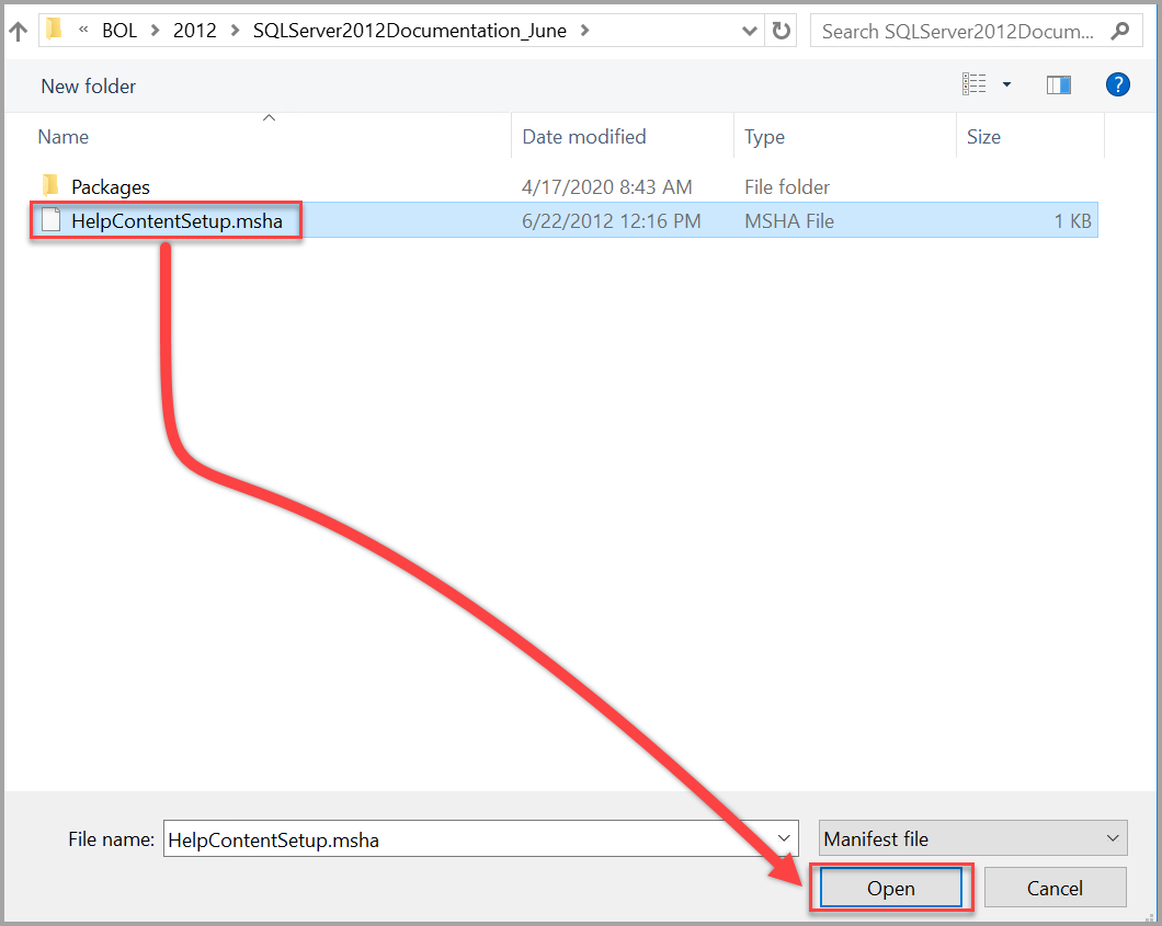 Screenshot of Open the SQL Server 2012 Help Content Setup.msha file.