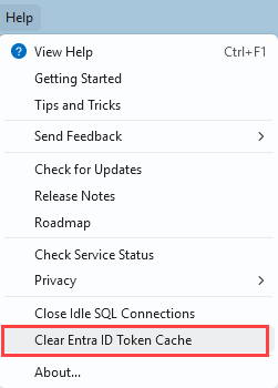 Screenshot of the Help menu, with the Clear Entra ID Token Cache option highlighted in red.
