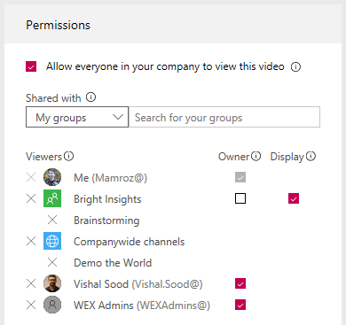 Screenshot of Video permissions dialog.