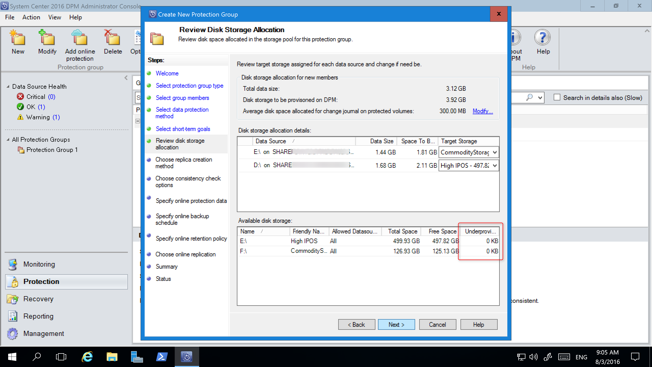 Screenshot of Underallocated disk storage page.