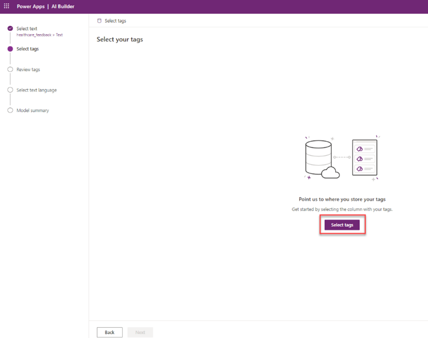 Screenshot of the Category Classification model in Power Apps Studio with a highlight on the Select tags option.