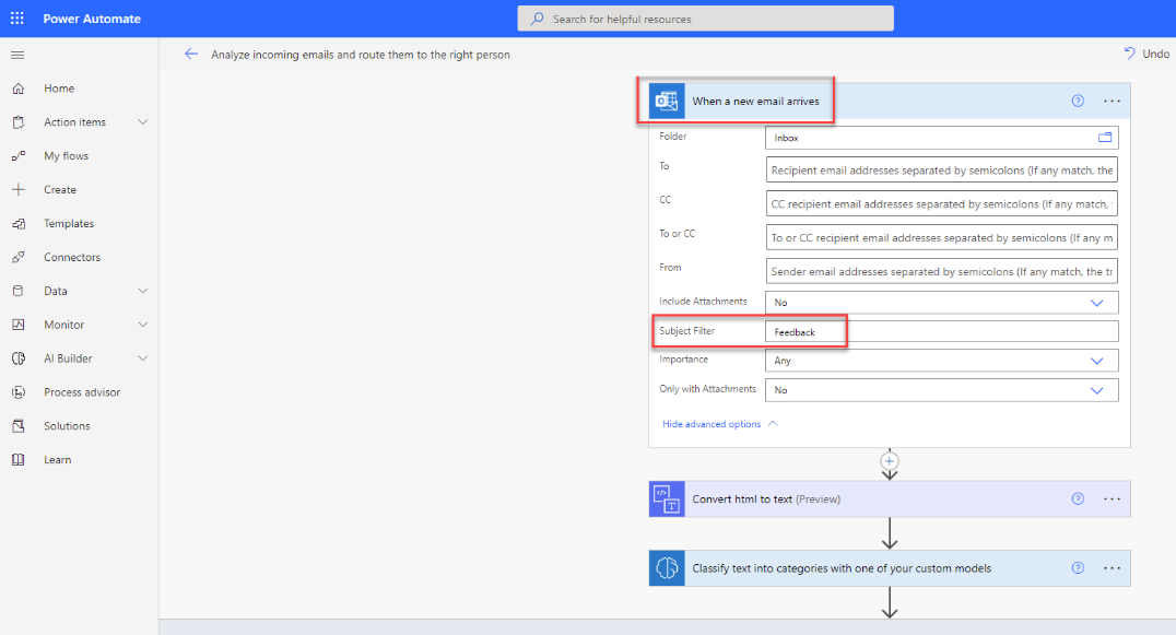 Screenshot of the selected flow in Power Automate Studio with a highlight on the trigger and the Subject Filter field set to Feedback.