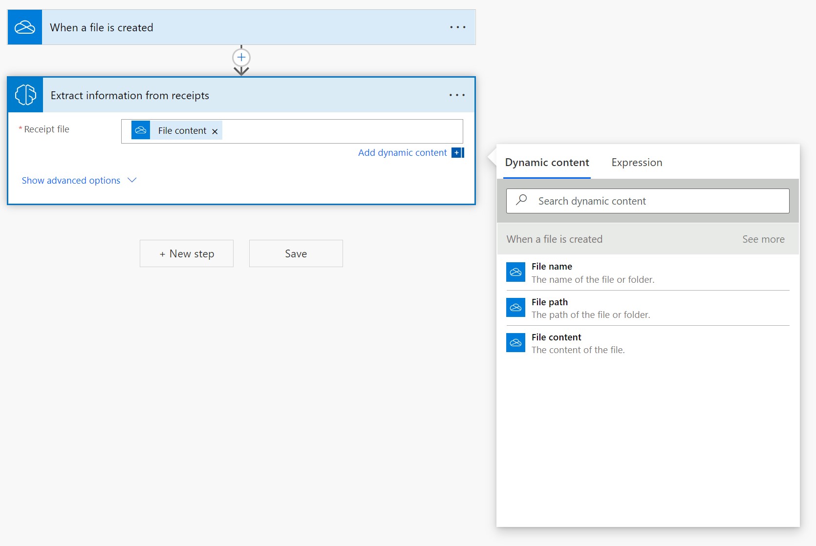 Dynamic content with File name, File path, and File content as options.