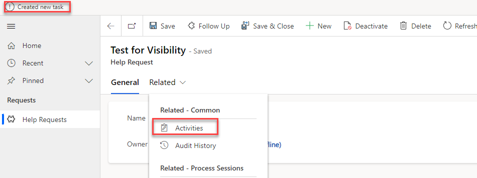 Screenshot showing the related activities button.