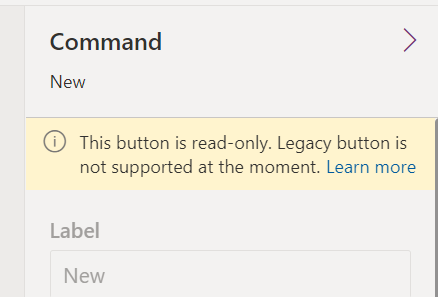 Screenshot showing the message described on a legacy button.