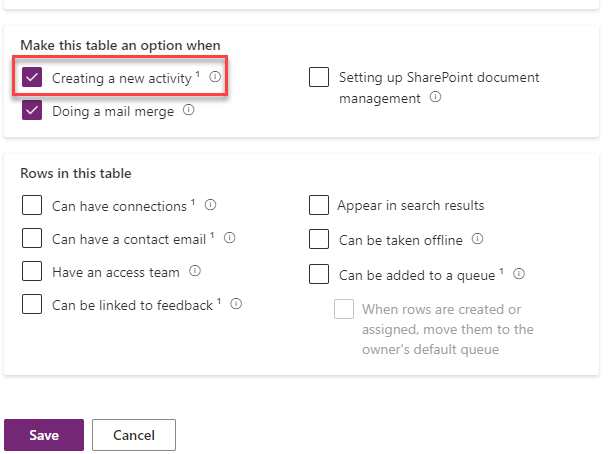 Screenshot showing the enable table for activity checkbox.