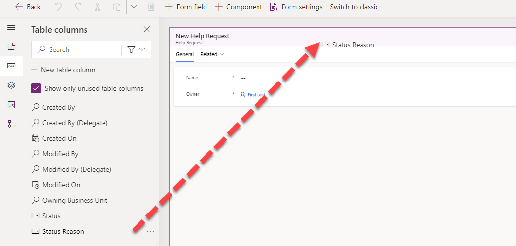 Screenshot showing the status reason reason column getting added to the form header.