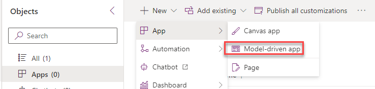 Screenshot showing the create new model-driven application button.