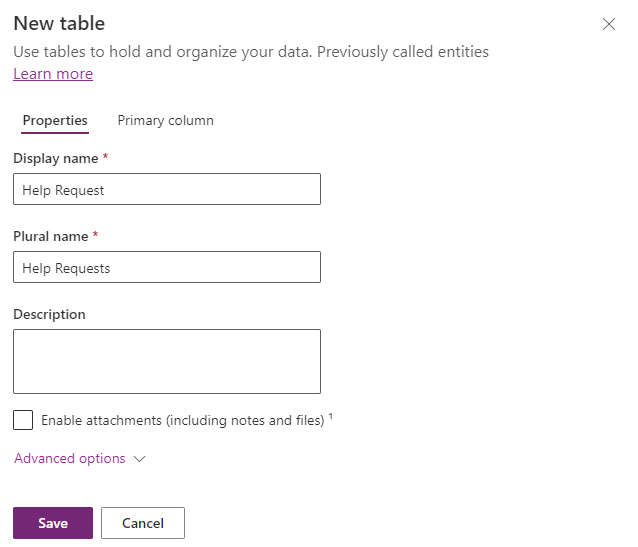 Screenshot showing the create new table dialog.