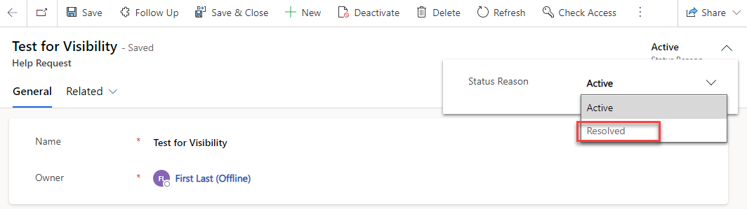 Screenshot showing the status reason value.