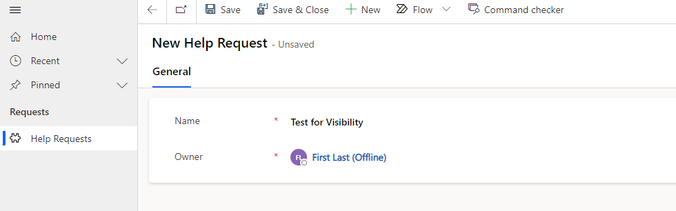 Screenshot showing the new help request record.