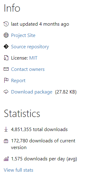 צילום מסך של מידע ומדדים בחבילה NuGet.