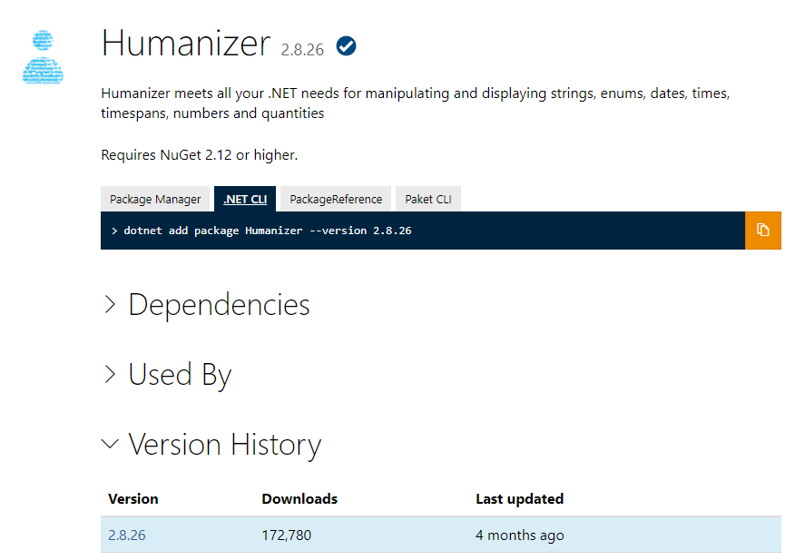 צילום מסך של דף היעד עבור חבילת NuGet.