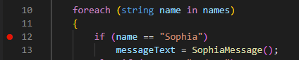 צילום מסך המציג נקודת עצירה שנוספה בעורך Visual Studio Code.