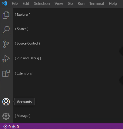 צילום מסך המציג את סרגל הפעילות של קוד Visual Studio עם סמלים מסומנים.