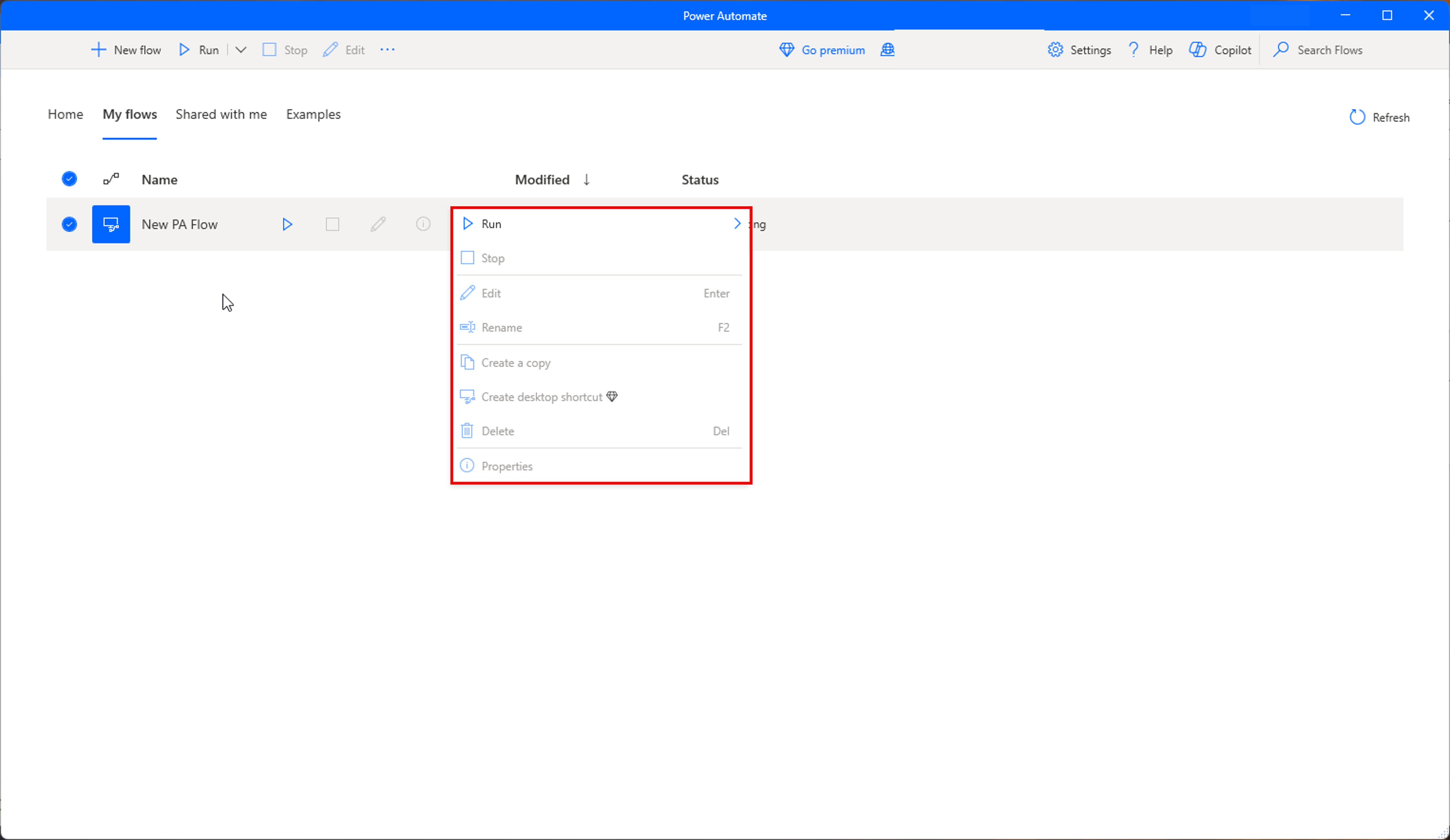 Screenshot of the available actions in the Power Automate desktop app console.