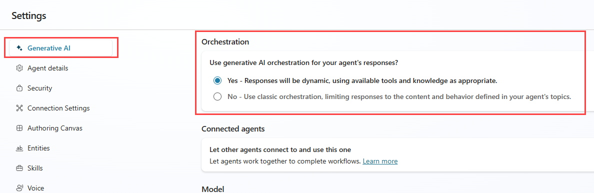 Screenshot of the Generative AI settings.