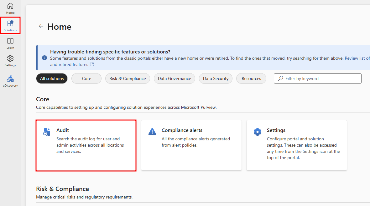 Screenshot of the Audit solution in Microsoft Purview.
