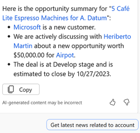 Screenshot of a Copilot opportunity summary.