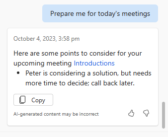 Screenshot of Copilot's notes for an upcoming meeting.