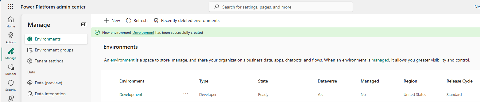 Screenshot of the status message showing that the environment was created successfully.