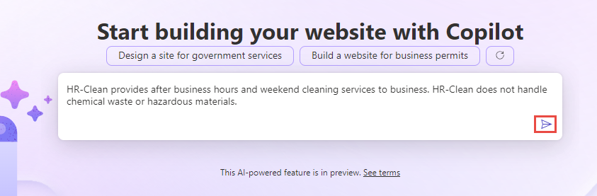Screenshot of the create website with Copilot dialog with the send button highlighted.