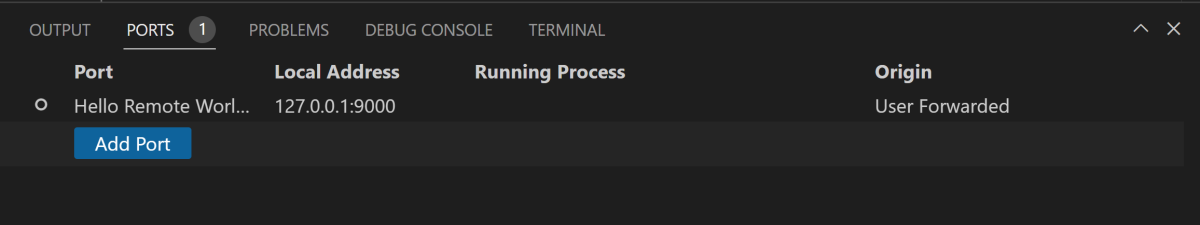 צילום מסך המציג את תכונת העברת היציאות ב- Visual Studio Code.