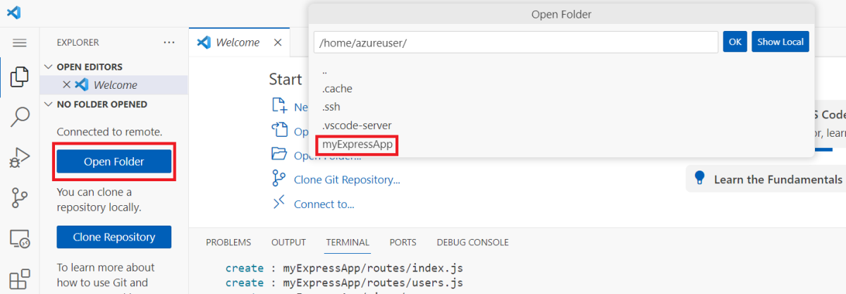 מסך המציג את פתיחת התיקיה myExpressApp.