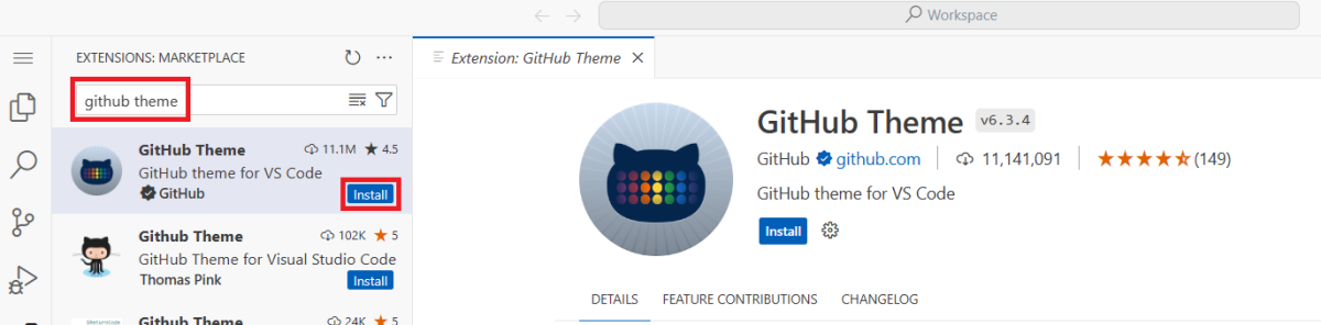 צילום מסך של הרחבת ערכת הנושא של GitHub ב- VS Code, ומסמן את תיבת החיפוש ואת לחצן התקן.
