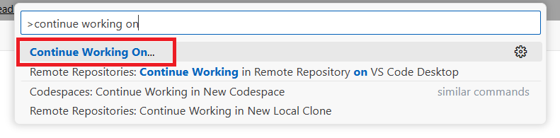 מסך המציג את המשך העבודה על... בלוח הפקודות של VS Code עבור האינטרנט.