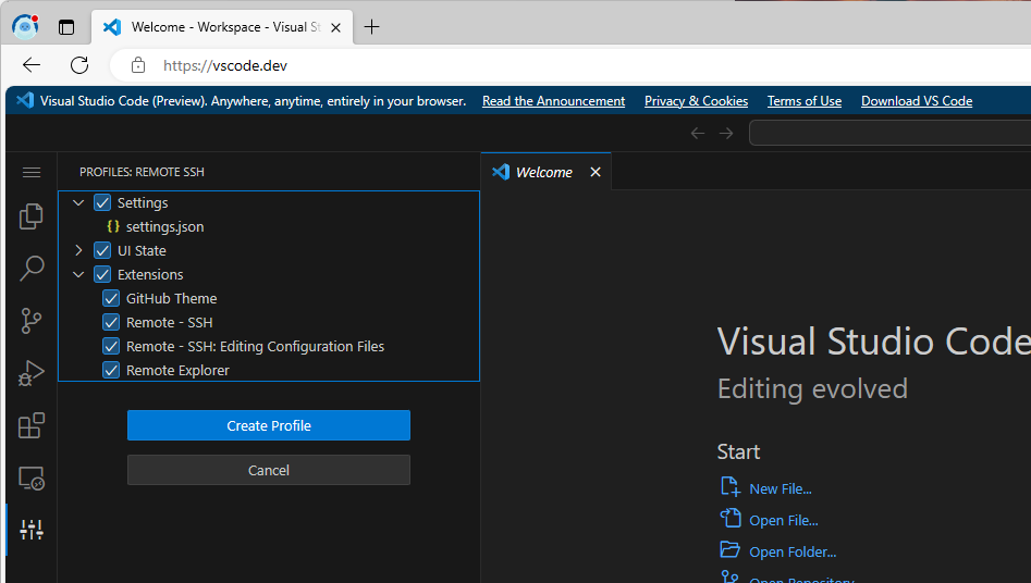 מסך של אפשרויות לייבוא קובץ ב- Visual Studio Code.