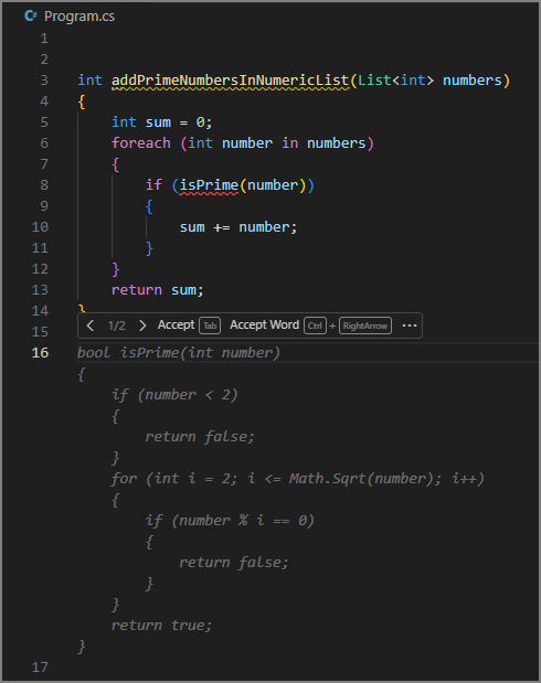 צילום מסך של עורך Visual Studio Code המציג את סרגל הכלים לניהול הצעות טקסט רפאים עם קבלה, קבלת Word, ניווט ואפשרויות נוספות.