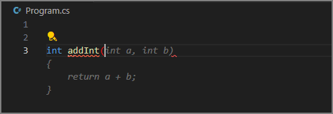 צילום מסך של עורך Visual Studio Code שמציג הצעה לטקסט רפאים לגוף המתודה addInt.