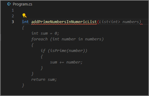 צילום מסך של עורך Visual Studio Code המציג הצעה לטקסט רפאים עבור גוף המתודה addPrimeNumbersInNumericList.